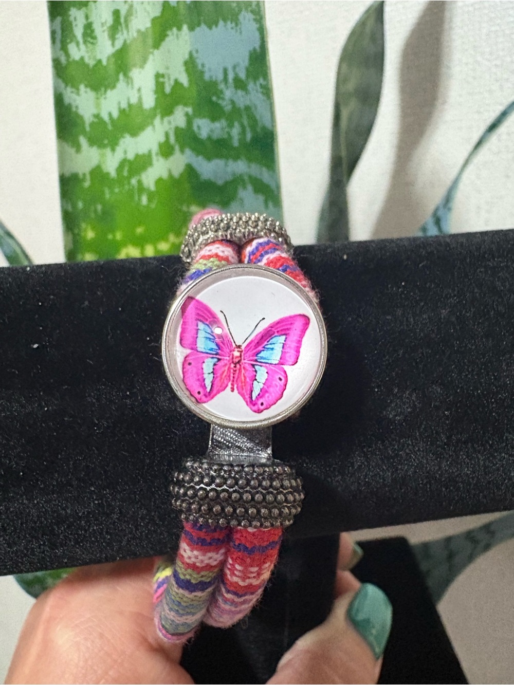 Bracelet Pink Butterfly Fabric Cord  with Silver Accent